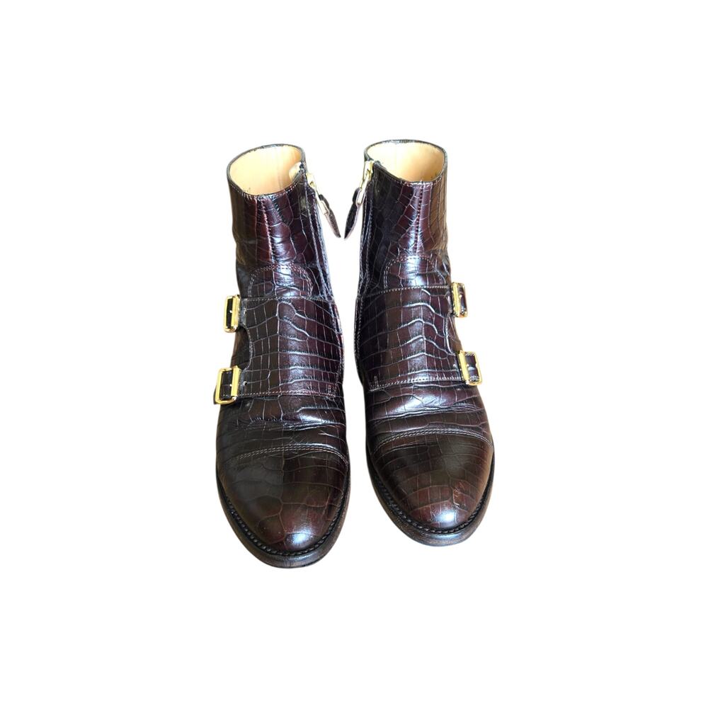 The Office of Angela Scott Mr. Dean Double Strap Croc Embossed Rare Brown Boots - Picture 3 of 9